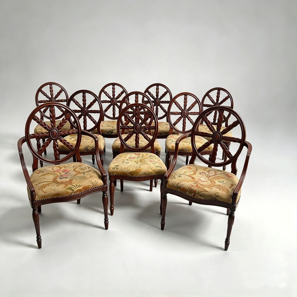 Set of Ten 10 (8+2 arms) Carved Wheelback Mayhew & Ince Dining Chairs 