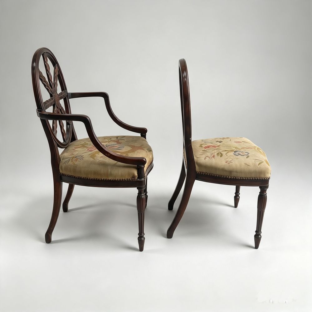 Set of Ten 10 (8+2 arms) Carved Wheelback Mayhew & Ince Dining Chairs 