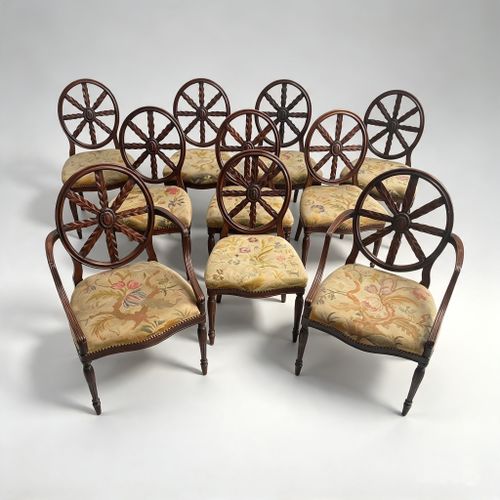 Set of Ten 10 (8+2 arms) Carved Wheelback Mayhew & Ince Dining Chairs 