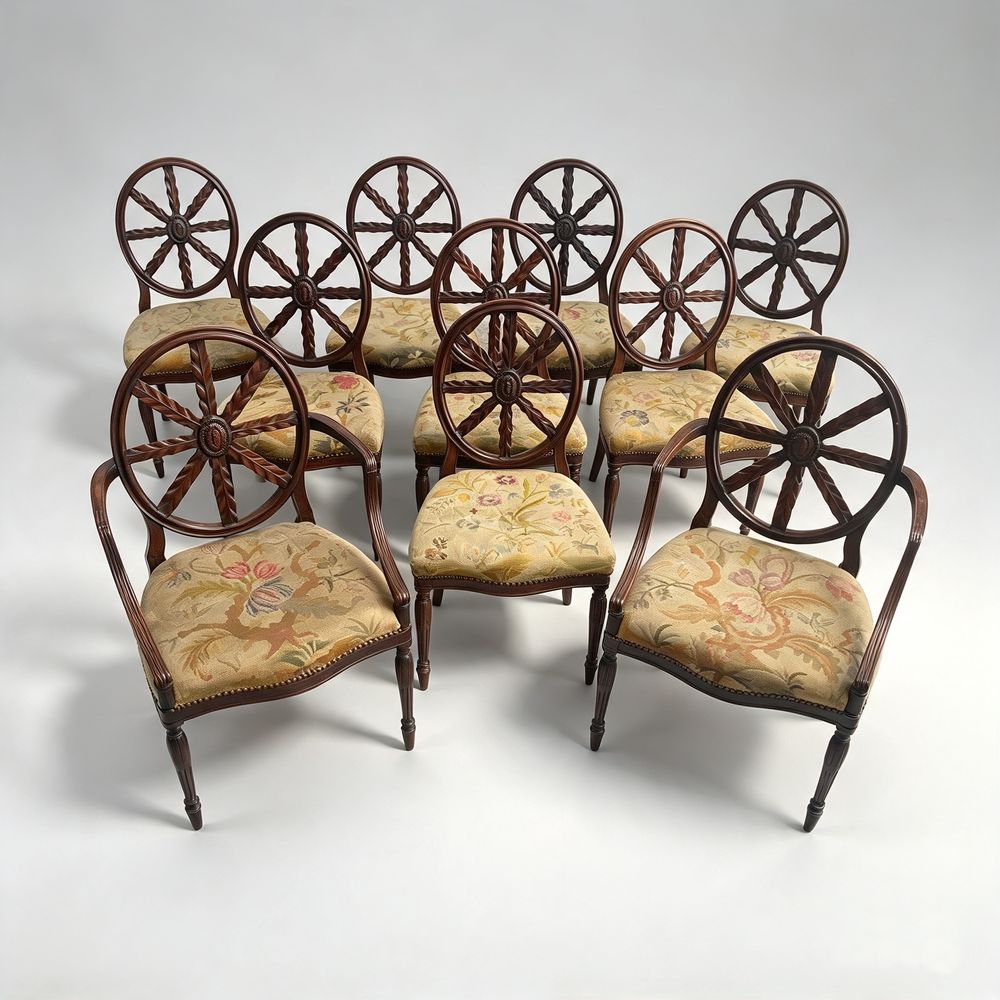 Set of Ten 10 (8+2 arms) Carved Wheelback Mayhew & Ince Dining Chairs 