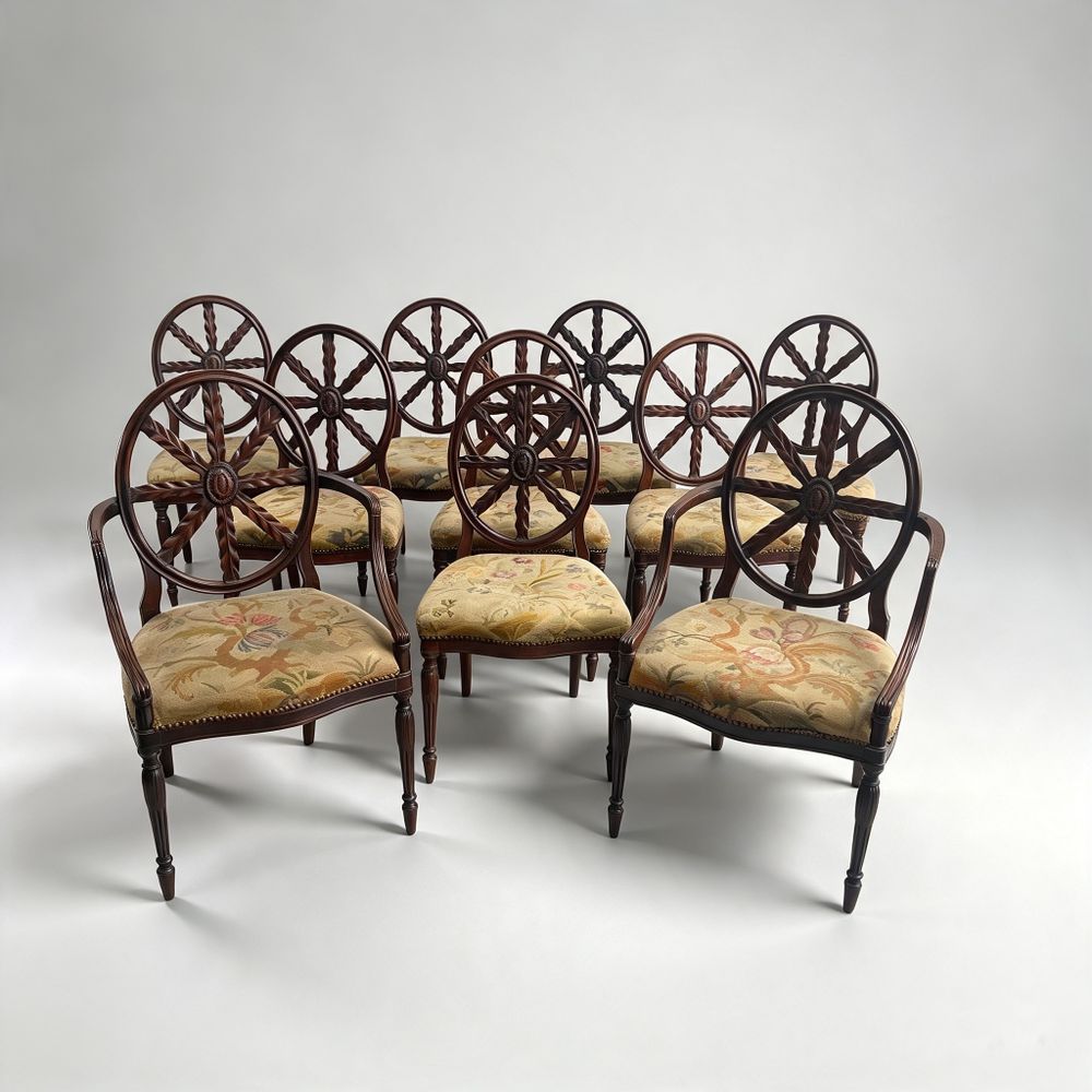 Set of Ten 10 (8+2 arms) Carved Wheelback Mayhew & Ince Dining Chairs 