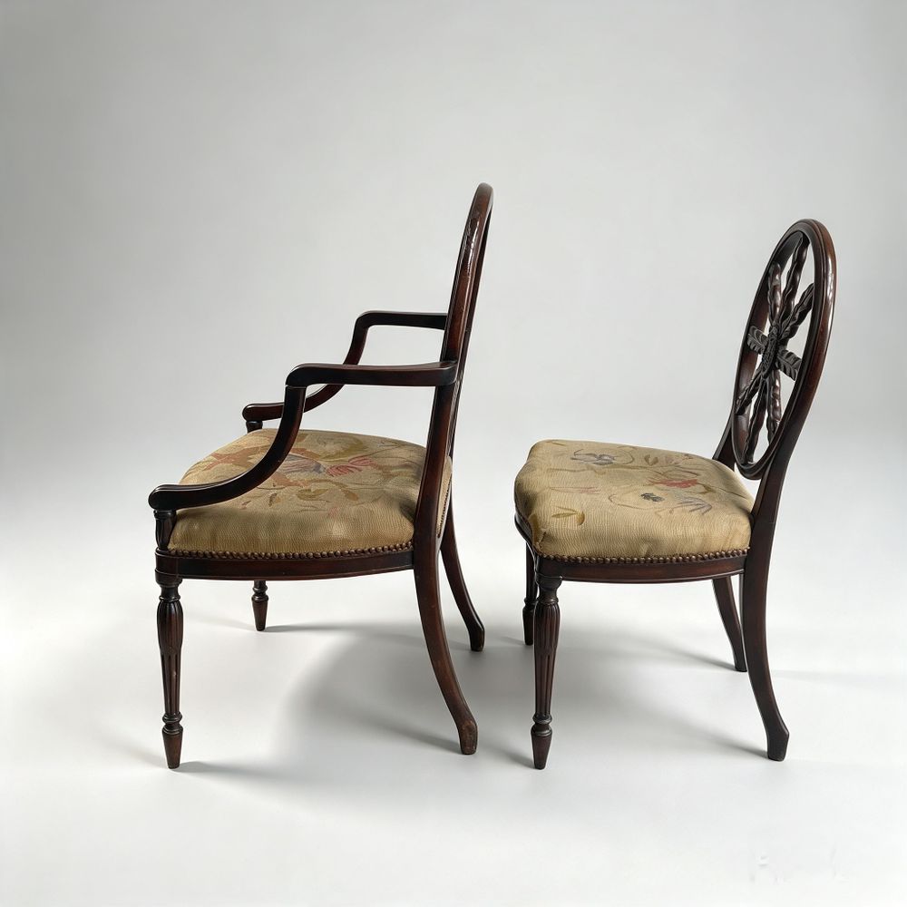 Set of Ten 10 (8+2 arms) Carved Wheelback Mayhew & Ince Dining Chairs 