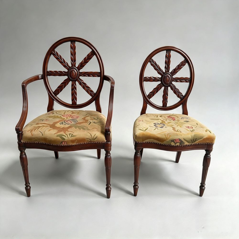Set of Ten 10 (8+2 arms) Carved Wheelback Mayhew & Ince Dining Chairs 