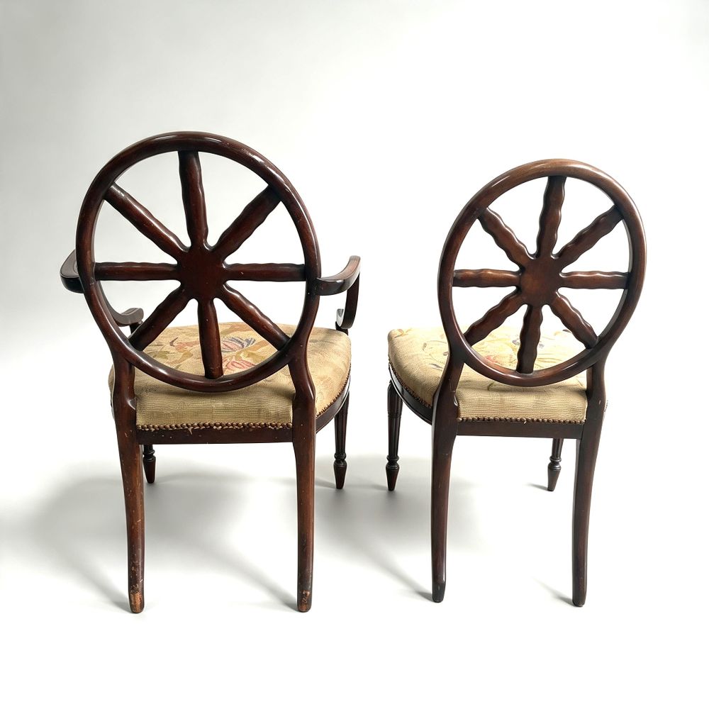 Set of Ten 10 (8+2 arms) Carved Wheelback Mayhew & Ince Dining Chairs 