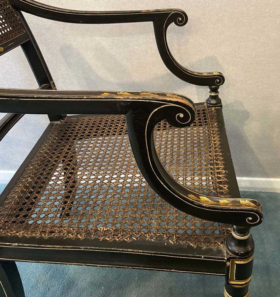 Pair of Regency black lacquer and gilt Armchairs