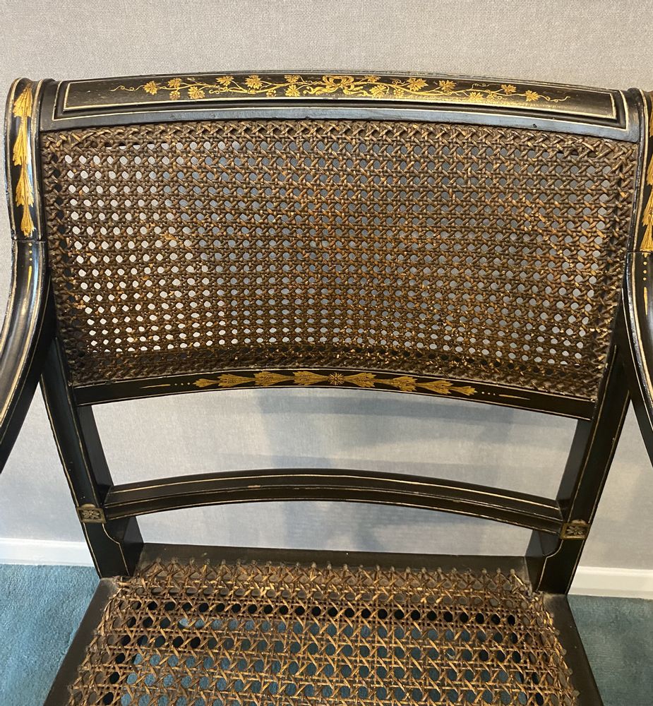 Pair of Regency black lacquer and gilt Armchairs