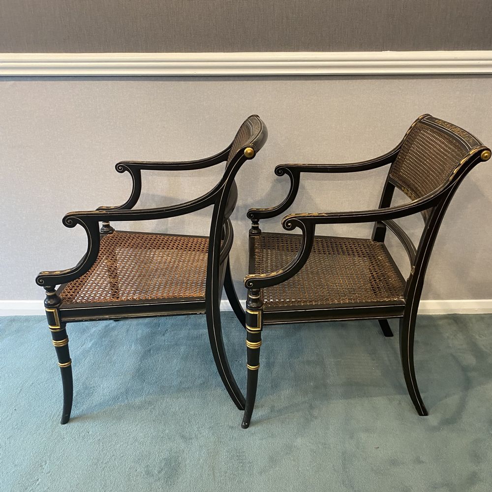 Pair of Regency black lacquer and gilt Armchairs