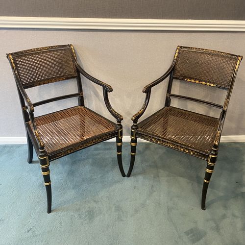 Pair of Regency black lacquer and gilt Armchairs