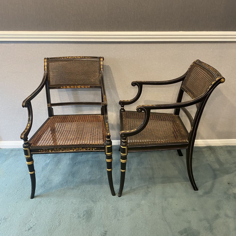 Pair of Regency black lacquer and gilt Armchairs