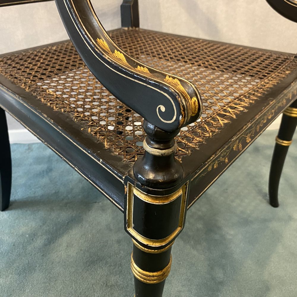 Pair of Regency black lacquer and gilt Armchairs