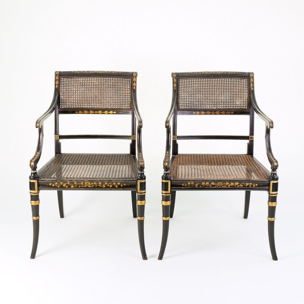 Pair of Regency black lacquer and gilt Armchairs