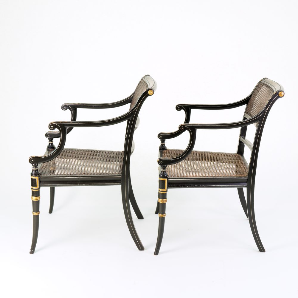 Pair of Regency black lacquer and gilt Armchairs