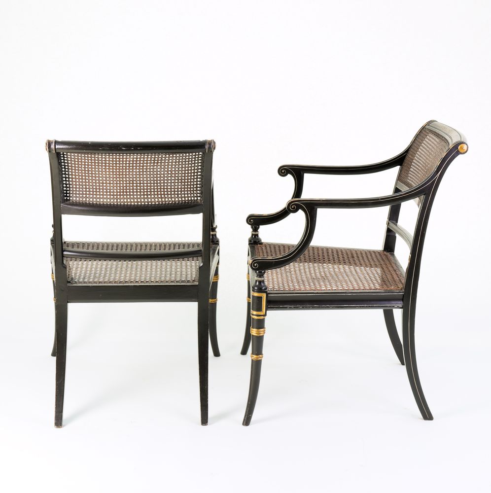 Pair of Regency black lacquer and gilt Armchairs