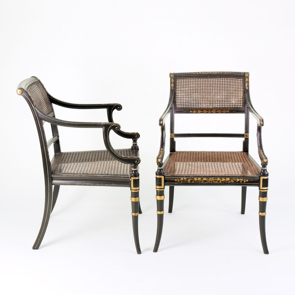 Pair of Regency black lacquer and gilt Armchairs