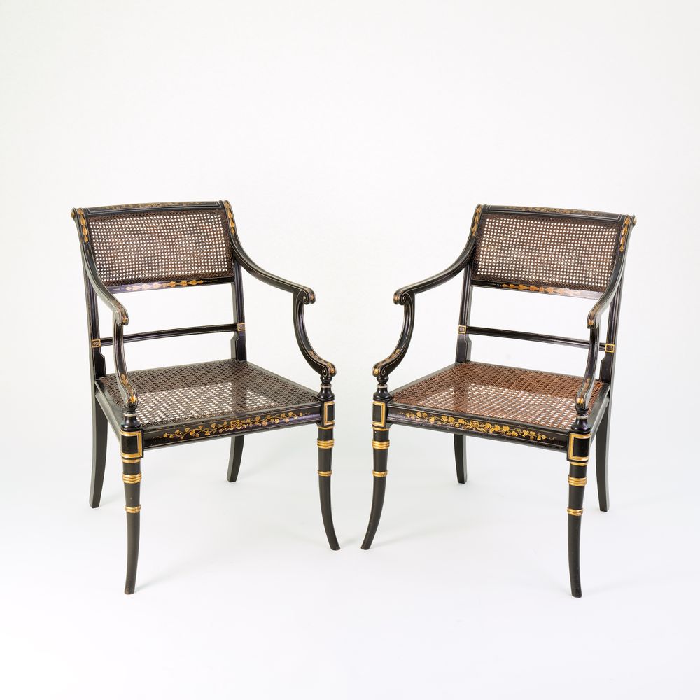 Pair of Regency black lacquer and gilt Armchairs