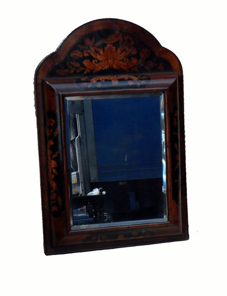 Antique Marquetry Inlaid Walnut Cushion Mirror