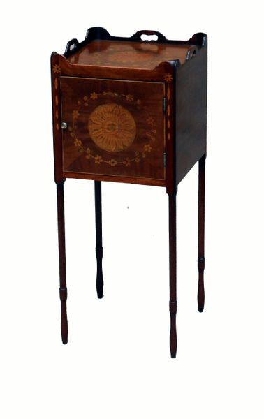 Antique Mahogany Marquetry Inlaid Bedside Pot Cupboard