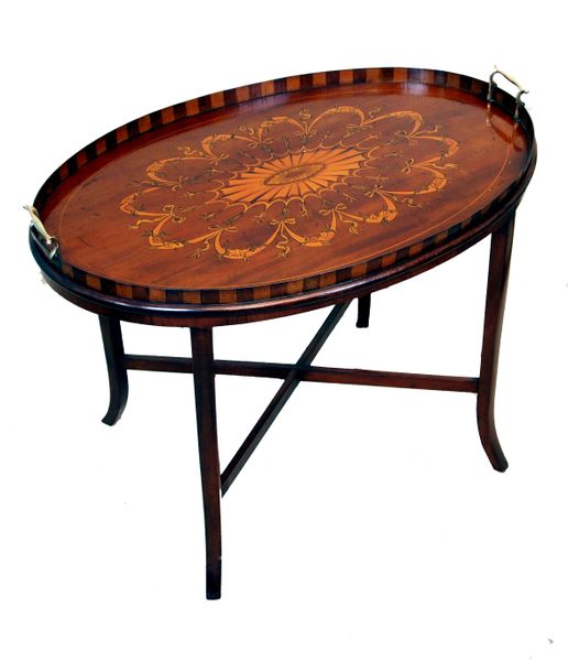 Antique Mahogany Oval Tray On Stand