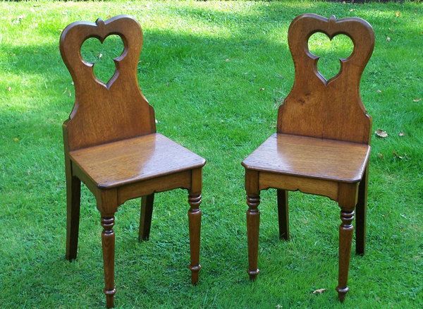 Antique Oak Victorian Pair Hall Chairs