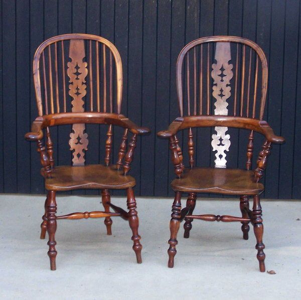 Antique Set Of 8 Broad Arm Yewood Windsor Chairs