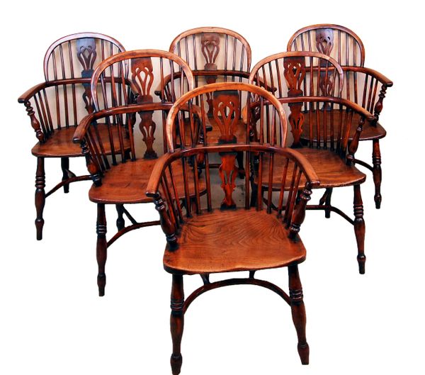 Antique 19th Century Matched Set Of Six Yew Wood Windsor Chairs