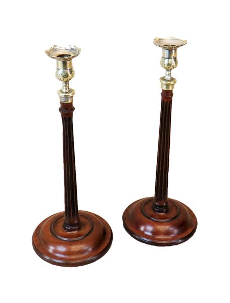 Pair Of 18th Century Mahogany & Brass Georgian Antique Candlesticks